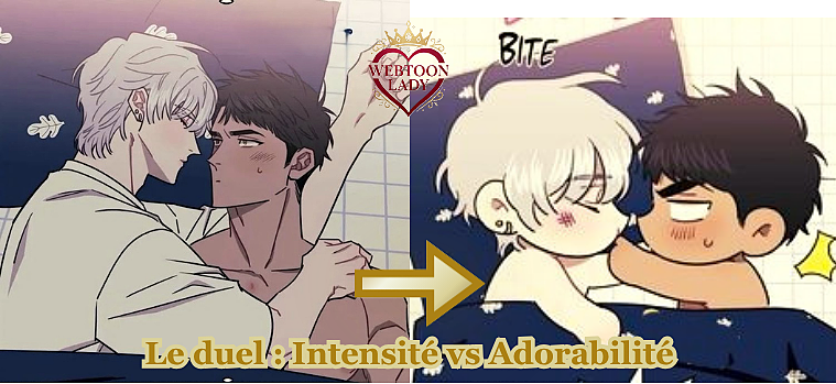 illustration webtoon lady du duel standard vs chibi art du couple Joo Yi-hyeok et Baek In-seo allongé dans des draps bleu
