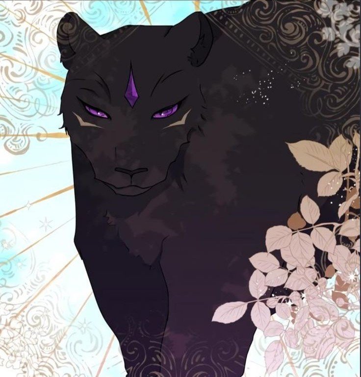 Amon du webtoon J'ai élevé une bête sous sa forme de panthère noire, le léopard divin aux yeux violet soulignés d'or
