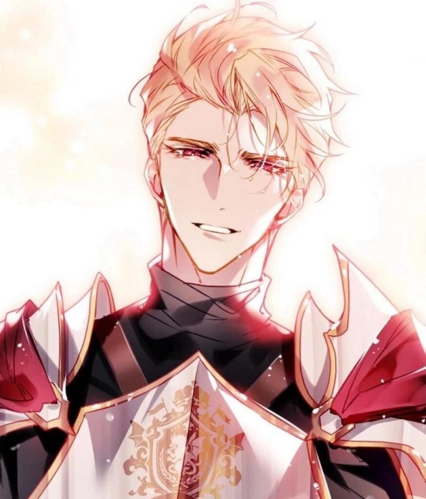Portrait de Callisto Regulus, le prince héritier aux cheveux blonds et yeux rouges du webtoon Villains Are Destined to Die, portant une tenue royale dorée et rouge.