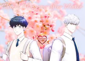 Bannière du webtoon Cherry Blossoms After Winter avec logo Webtoon Lady, illustrant Jo Taesung et Seo Haebom.