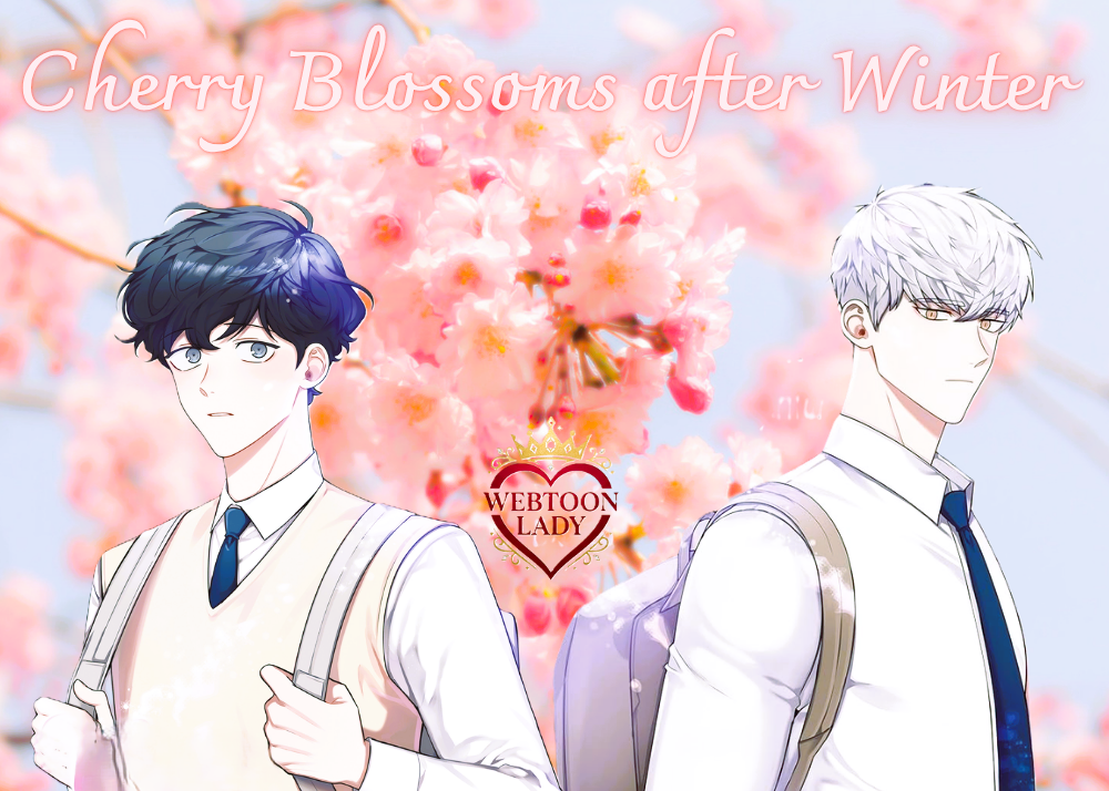 Bannière du webtoon Cherry Blossoms After Winter avec logo Webtoon Lady, illustrant Jo Taesung et Seo Haebom.