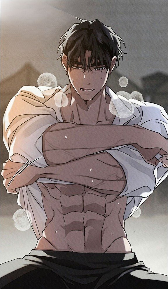 Illustration de Riftan Calypse du webtoon Under the Oak Tree, retirant sa chemise blanche après l'entraînement.