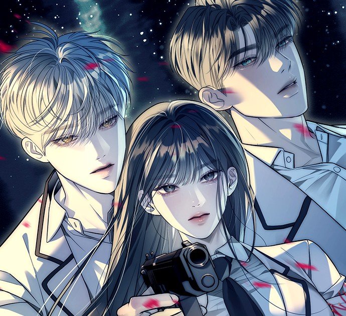 Illustration du webtoon Espionnage d'Élite montrant Dakyeong Lee tenant une arme, entourée de Jaehyeong Lee et Jeongwoon Han sous un ciel étoilé.