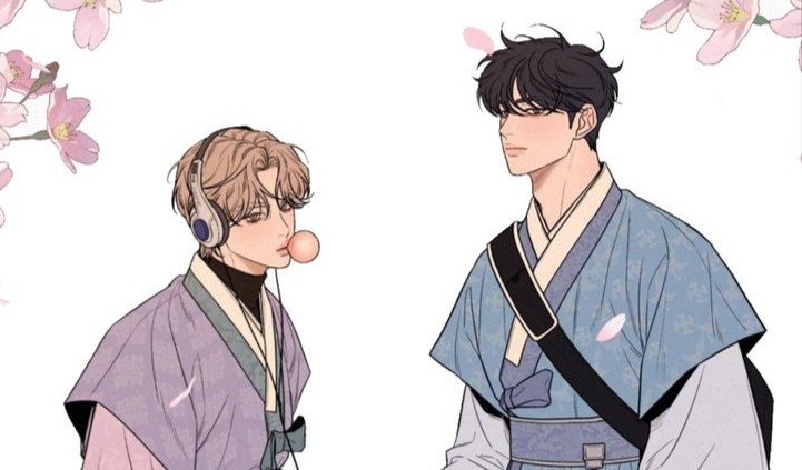 Duel de husbandos : Baek Dohwa avec un casque audio et Go Eunhyuk en tenue traditionnelle coréenne (hanbok) dans Operation True Love