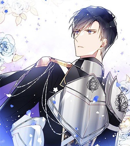 Portrait de Derrick Eckhart du webtoon Villains Are Destined to Die. Il a les cheveux noirs de jais, des yeux bleus perçants et porte un uniforme blanc et noir orné de broderies argentées et d'un bijou en cristal bleu au col.