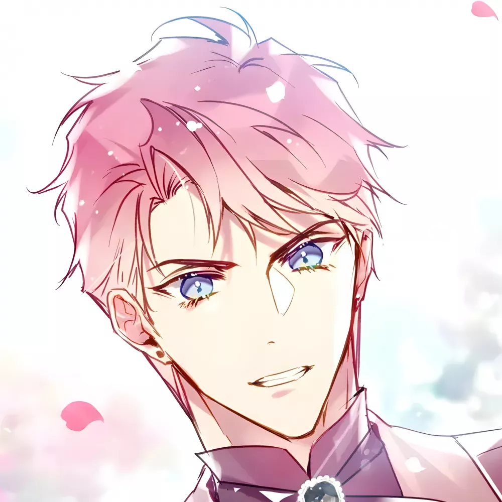 Reynold Eckhart, frère de la famille ducale dans le webtoon Villains Are Destined to Die, aux cheveux roses, avec des expression joviale.