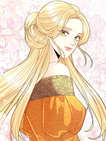 Portrait de Navier Ellie Trovi souriante devant un fond de fleurs roses dans le Webtoon L'Impératrice Remariée.