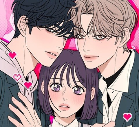Triangle amoureux Operation True Love : Shim Su-ae entourée de Go Eunhyuk et Baek Dohwa sur fond rose avec des cœurs