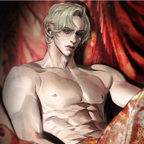 Illustration de style novel de Heinrey de 'The Remarried Empress'. Un jeune homme aux cheveux blonds dorés et aux yeux violets intenses, affichant une expression à la fois noble et déterminée.