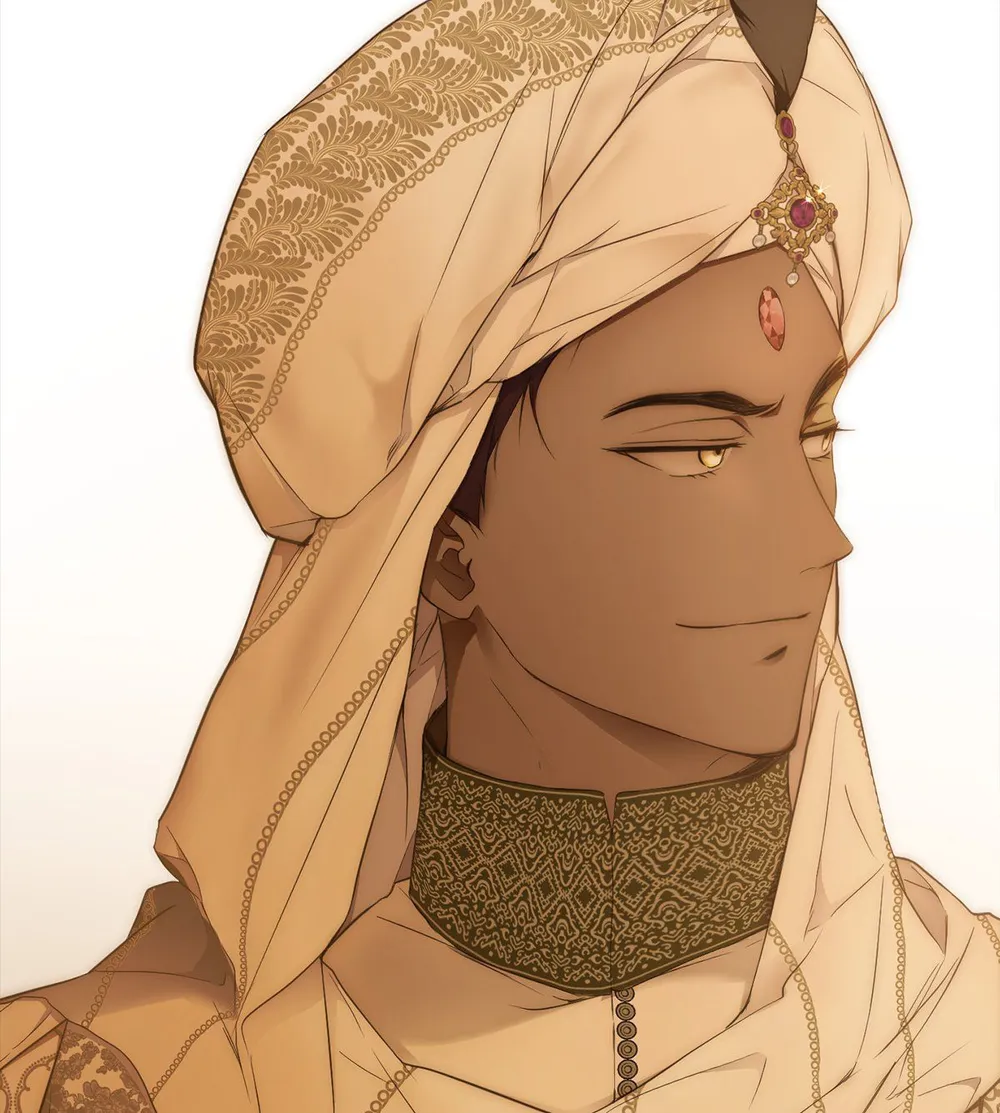 Portrait du Prince de Karnan du webtoon Secret Lady, un homme aux longs cheveux noirs et à l'aura mystérieuse, dans un cadre richement décoré.