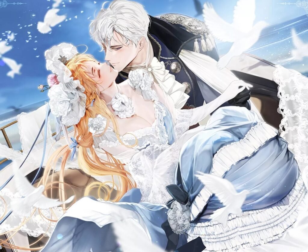 Illustration romantique de Rosentine et du Prince Chartreuse de Secret Lady, se tenant de près dans une barque.