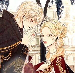 Illustration officielle du Light Novel The Remarried Empress montrant l'impératrice Navier et le prince Heinrey dans un style artistique raffiné.