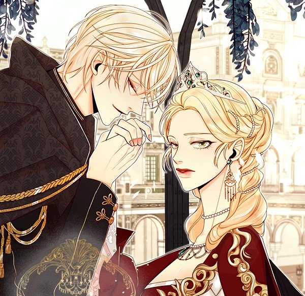 Illustration officielle du Light Novel The Remarried Empress montrant l'impératrice Navier et le prince Heinrey dans un style artistique raffiné.