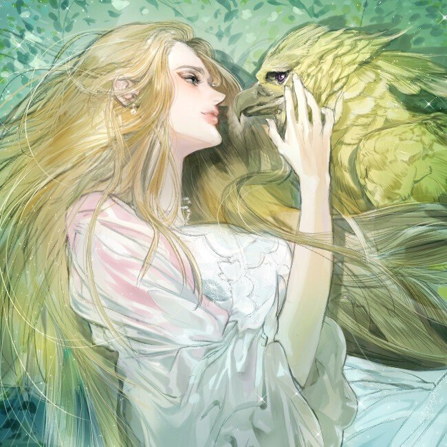 Illustration style peinture du light novel The Remarried Empress montrant Navier caressant tendrement le prince Heinrey transformé en oiseau doré.