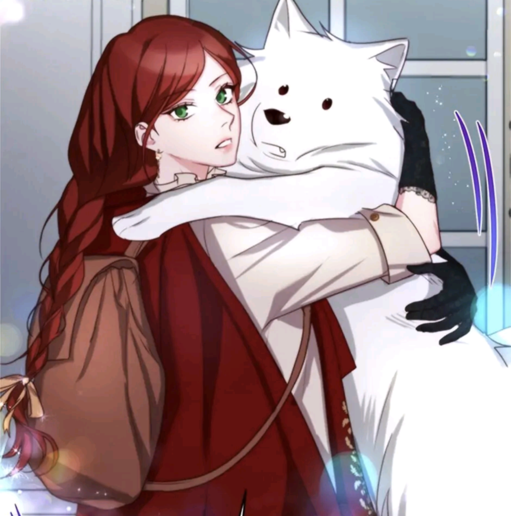 The Villainess is Retiring - Everia et Harry sous la forme d'un grand loup blanc adorable