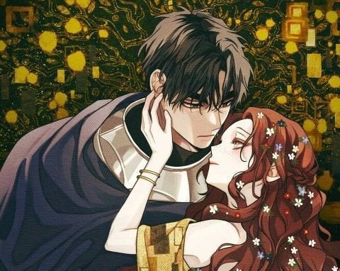 Illustration de style Klimt de Under the Oak Tree : Riftan Calypse et Maximilian Croix enlacés sur un fond doré ornementé.