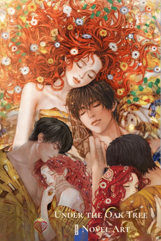 Montage Pinterest  Webtoon Lady  de Under the Oak Tree présentant le novel art de Maximilian et Riftan. Illustration romantique aux couleurs dorées et rouges mettant en avant l’amour, la reconstruction émotionnelle et l’esthétique du roman fantasy à l’origine du célèbre webtoon.