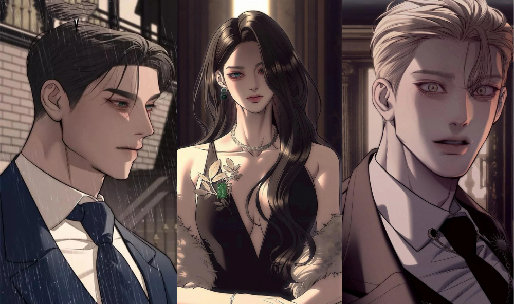 Triptyque des personnages d'Espionnage d'Élite Saison 2 : Jaehyeong Lee sous la pluie, Dakyeong Lee en robe de soirée et Jeongwoon Han.