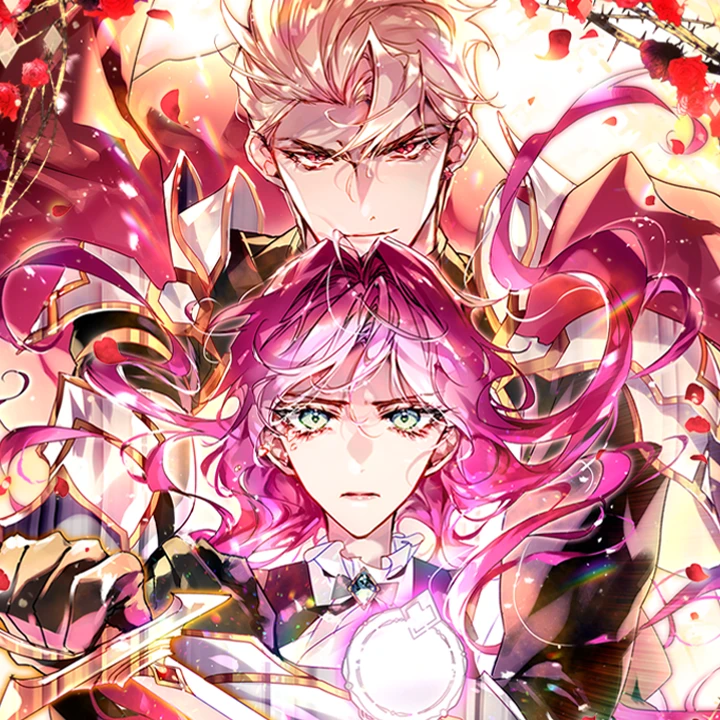 Illustration du webtoon Villains Are Destined to Die montrant Penelope Eckart aux cheveux roses et le prince héritier Callisto Regulus dans un style artistique riche et dramatique de SUOL.