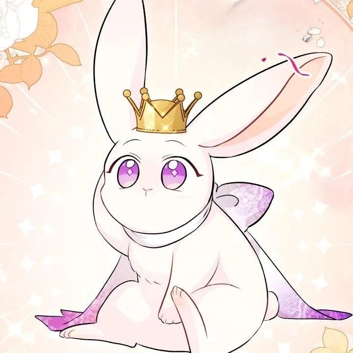 vivi sous forme shifter de lapine, boule de poil blanche avec couronne et ruban violet comme ses yeux
