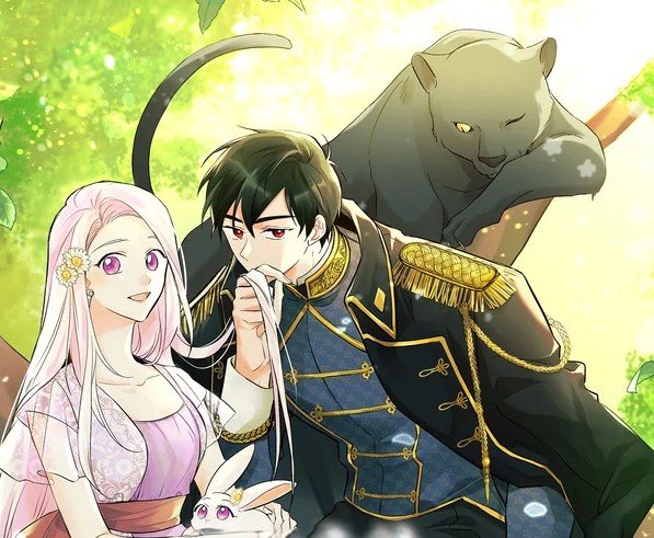 Illustration du webtoon Demoiselle Lapine et le grand méchant Léopard montrant Vivi en forme humaine et lapine aux côtés d'Ahin Lyon et d'une panthère noire.