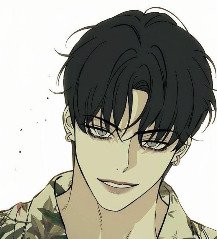 Gros plan du personnage Tae-hee du webtoon 'Tears on a Withered Flower'. Il a des cheveux châtains clairs ébouriffés, des yeux expressifs et porte un piercing à l'arcade sourcilière. Il porte un sweat-shirt gris et affiche une expression calme mais intense.