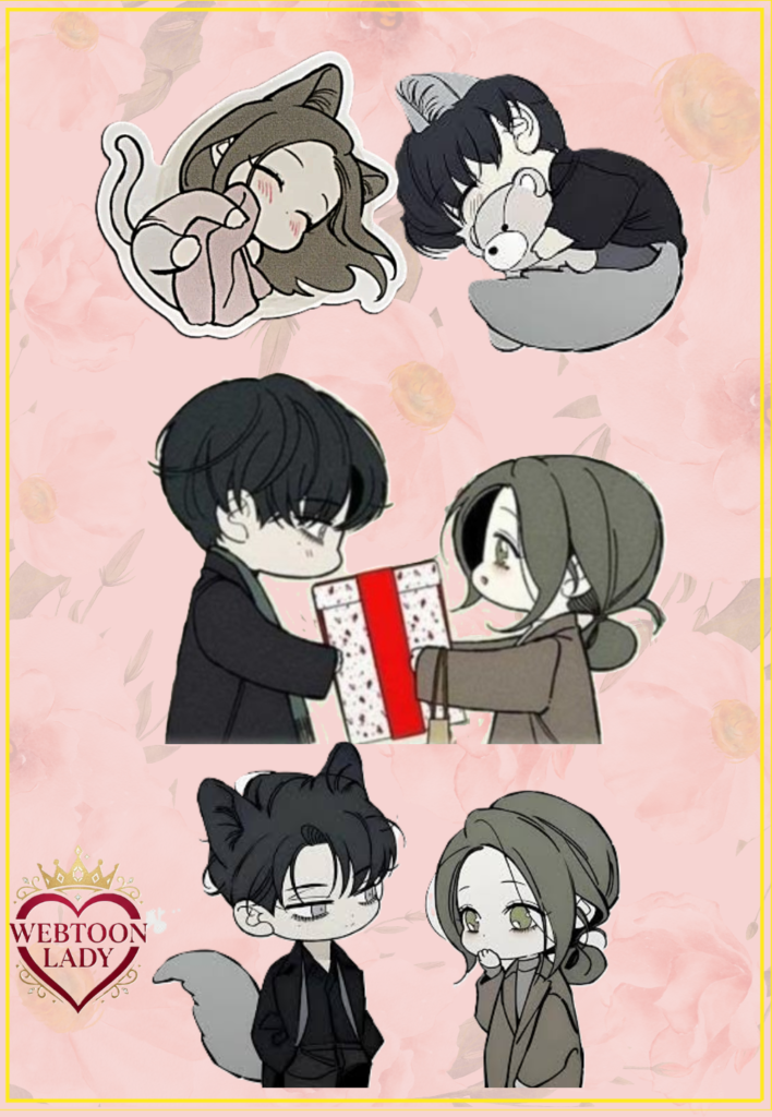 Compilation de chibis de Taeha et Naesu du webtoon Tears on a Withered Flower sur fond aquarelle rose poudré.