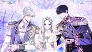 Illustration officielle du webtoon Father, I Don't Want This Marriage montrant Jubelian en robe de mariée entourée de Max et de son père dans une serre fleurie.