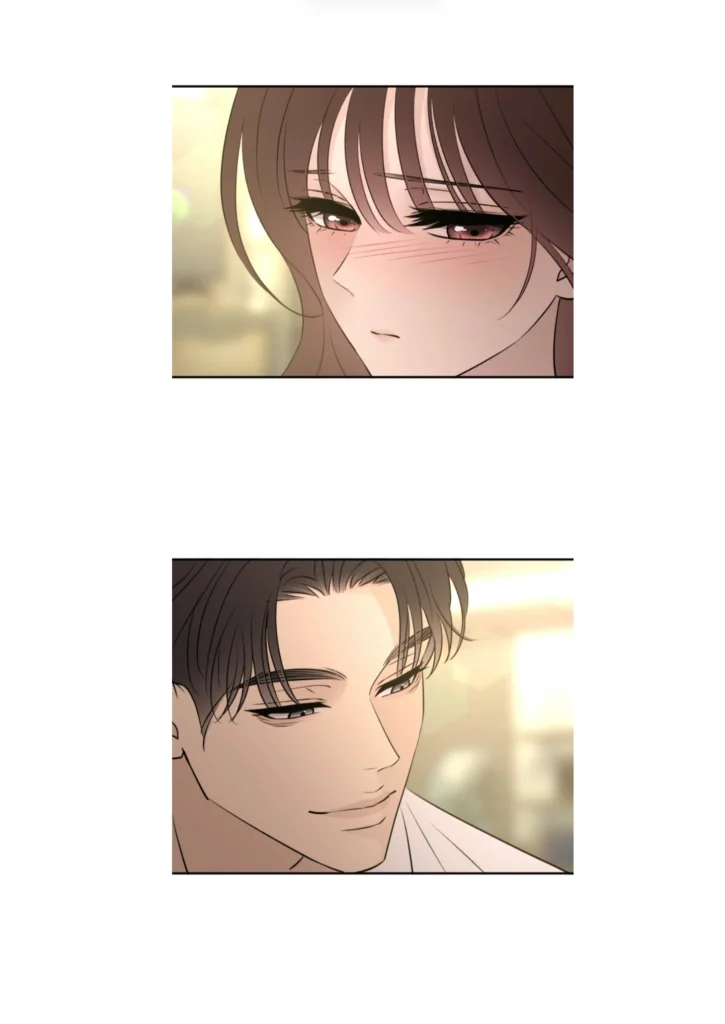 Composition minimaliste du webtoon Nos Tabous illustrant le vide émotionnel et les regards silencieux entre Sahee et Jeong.