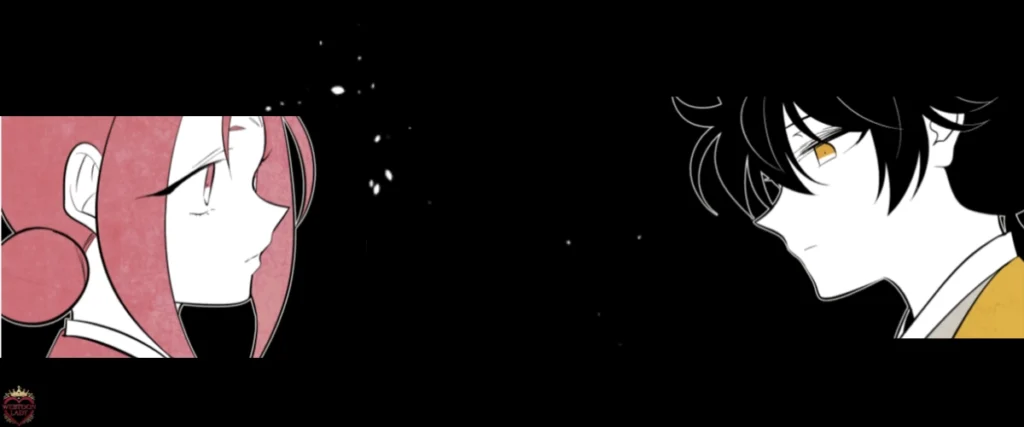Hong et Dowun se regardent dans un montage minimaliste noir inspiré du webtoon Flower That Was Bloomed by a Cloud.