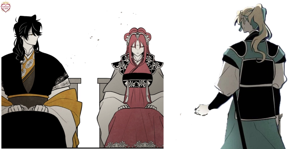 Hong assise entre Dowun et Baek Han dans le webtoon Flower That Was Bloomed by a Cloud.
