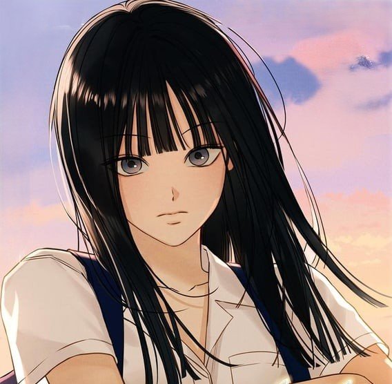 Portrait de Joon-yeong du webtoon Just Twilight, une jeune femme aux cheveux noirs et au regard déterminé sur un fond de ciel au crépuscule.