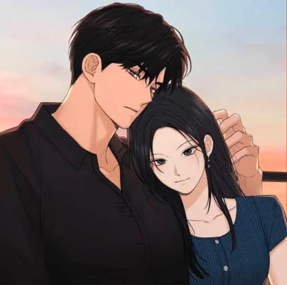 Illustration du webtoon Just Twilight montrant Joon-yeong et Beom-jin à l'âge adulte. Beom-jin, imposant en chemise noire, entoure Joon-yeong de son bras tandis qu'elle s'appuie contre lui au crépuscule.