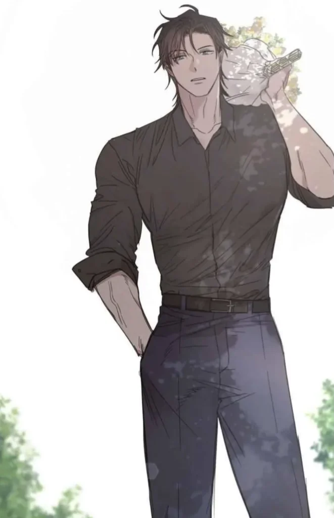 Illustration de Kwon Haebeom dans Our Sunny Days portant un bouquet de fleurs sur l’épaule, mettant en valeur sa carrure de travailleur rural et ses yeux bleus hérités de son père américain.