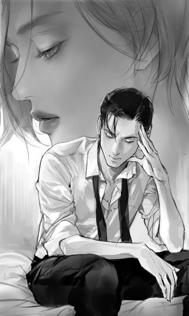 Illustration en noir et blanc du webtoon Lost Things par Kira montrant un homme assis, l'air accablé, au premier plan, tandis qu'un visage féminin mélancolique apparaît en format géant en arrière-plan, symbolisant une présence obsédante.