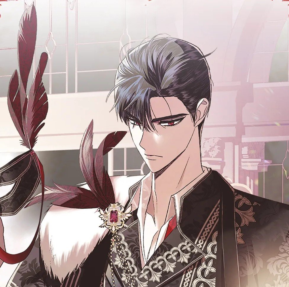 Portrait de Max (Maximilian) du webtoon Father I Don't Want This Marriage, vêtu d'un costume noir élégant avec des détails dorés, affichant un regard intense sur un fond de fleurs bleues et violettes.