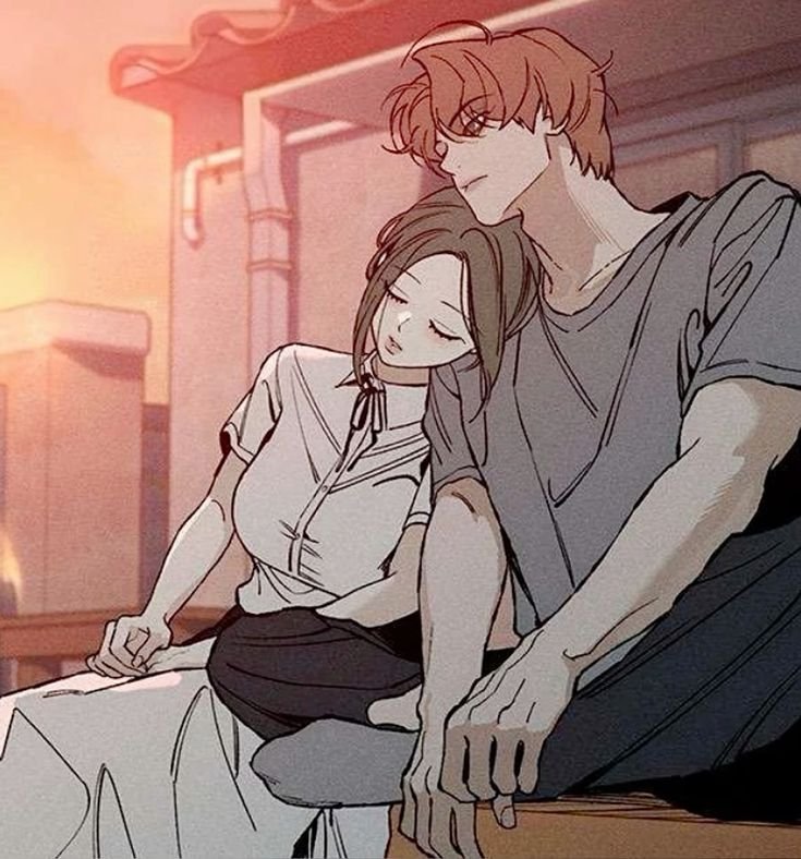 Illustration de Min Cheol et Naeri assis côte à côte sous une lumière de coucher de soleil chaude. Nae-su repose sa tête sur l'épaule de Min Cheol, les yeux fermés. Min Cheol a les cheveux châtains ébouriffés et un regard pensif.