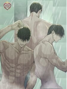 Illustration éditoriale du personnage Jeong Taeong dans Nos Tabous, représenté sous trois angles différents sous la pluie dans une ambiance sombre et sensuelle.