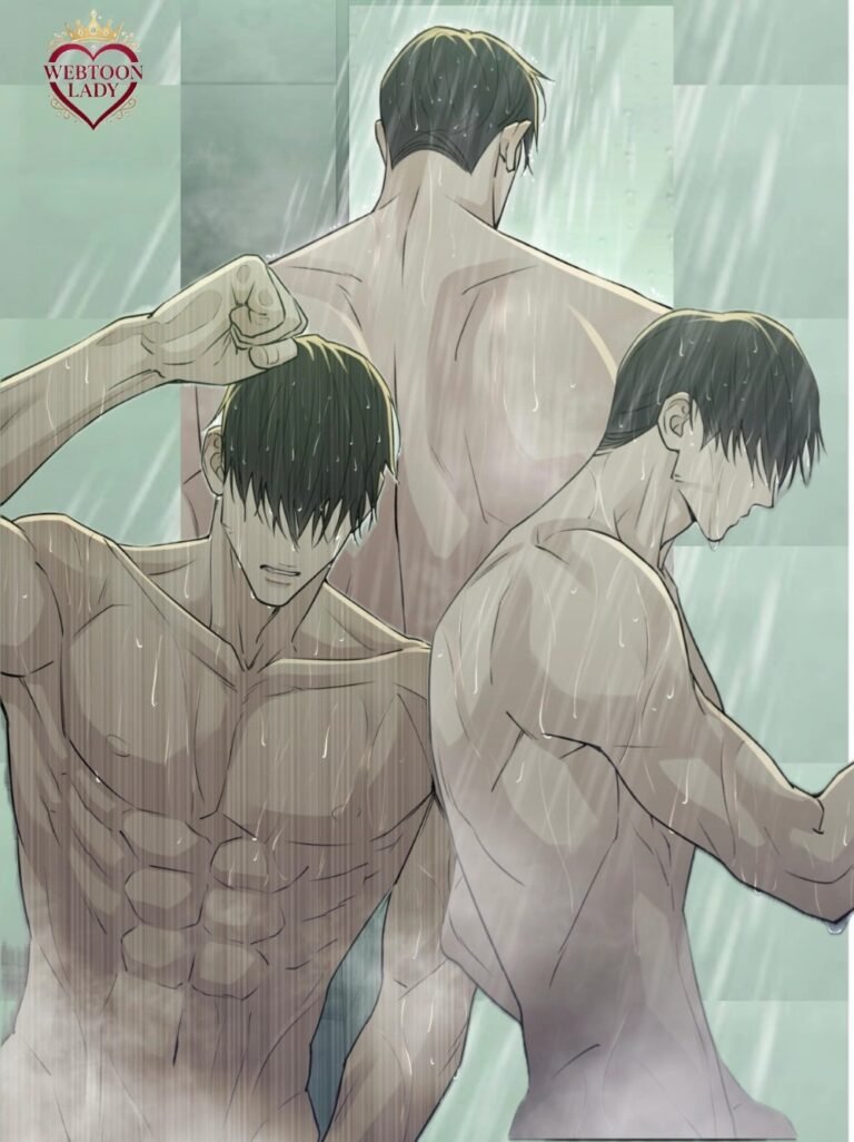 Illustration éditoriale du personnage Jeong Taeong dans Nos Tabous, représenté sous trois angles différents sous la pluie dans une ambiance sombre et sensuelle.
