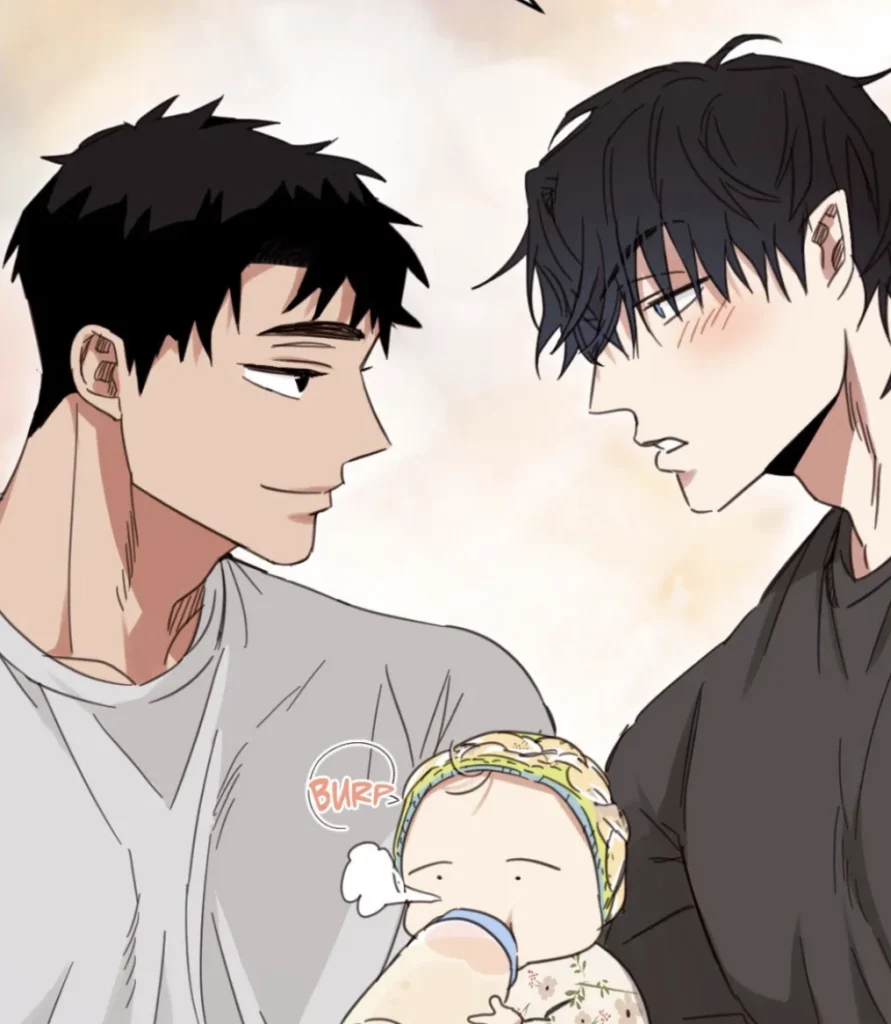 Sung Ho et Kwon Haebeom regardant tendrement Sol dans Our Sunny Days, illustrant la douceur familiale et le refuge émotionnel du webtoon.