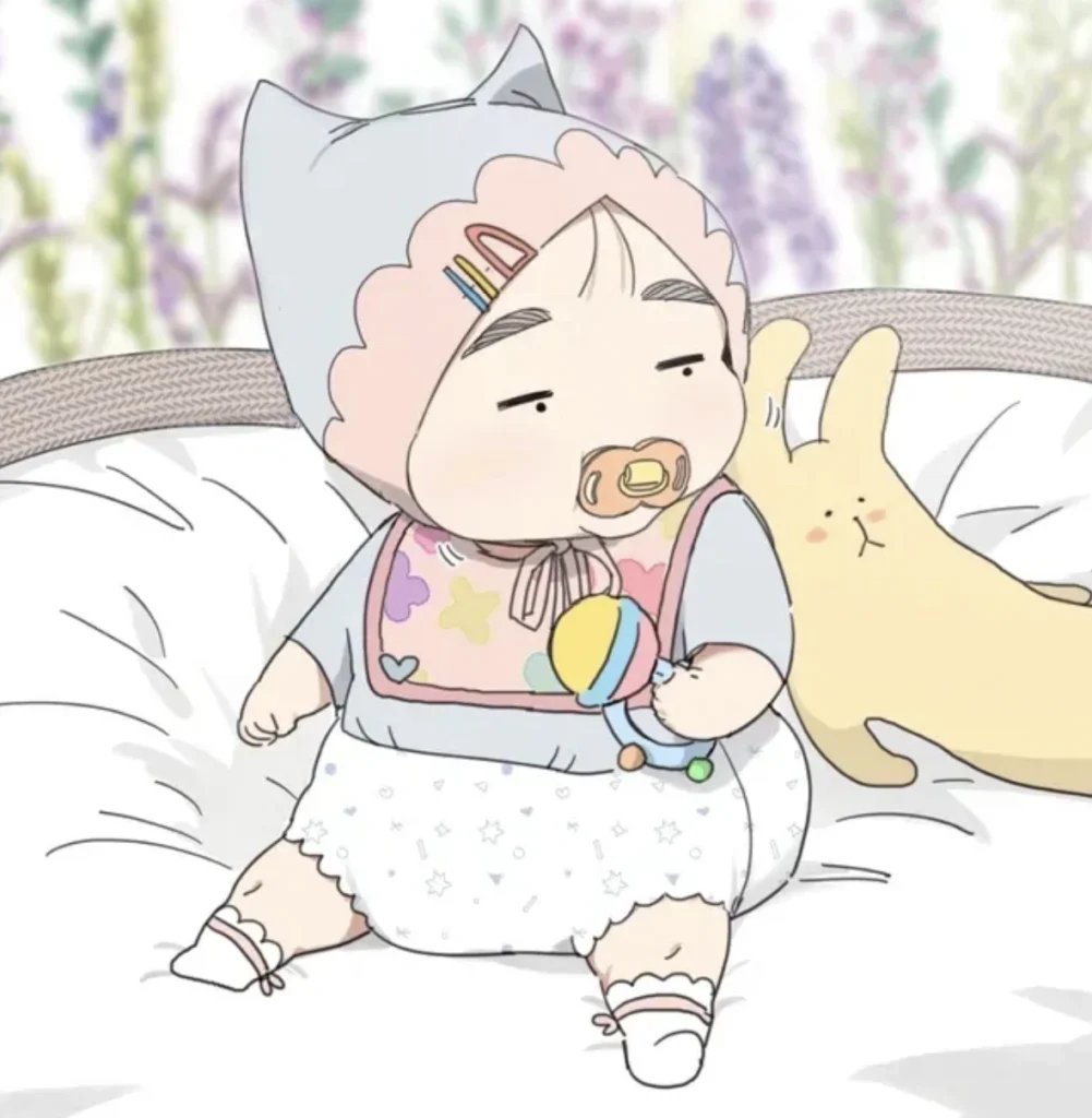 Illustration de Sol bébé dans Our Sunny Days avec sa fiche personnage humoristique indiquant qu’elle n’a toujours pas de nom, renforçant le ton tendre et chaotique du webtoon.