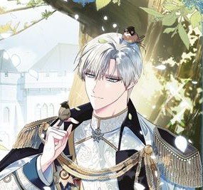 Portrait de Regis Floyen du webtoon Father I Don't Want This Marriage, en uniforme blanc et bleu avec des épaulettes dorées, entouré de petits oiseaux dans un décor ensoleillé.