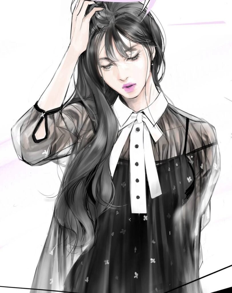 Portrait de profil de l'héroïne de Say You Love Me en noir et blanc, mettant en valeur la finesse du trait de Kira et l'utilisation dramatique des ombres.