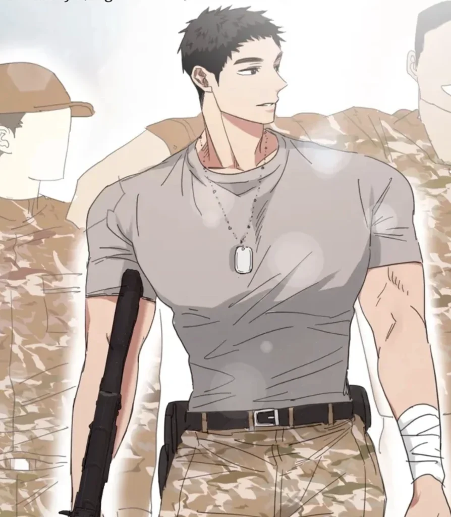 Illustration de Sung Ho en uniforme militaire dans Our Sunny Days, rappelant son passé de soldat avant de devenir un père tendre et protecteur pour Sol.