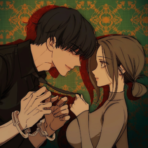 Illustration du webtoon "Tears on a Withered Flower". Un homme mystérieux aux mains menottées sourit à une jeune femme qui le tient par la cravate. L'atmosphère est chargée d'une tension romantique et sombre sur un fond aux motifs vintage.