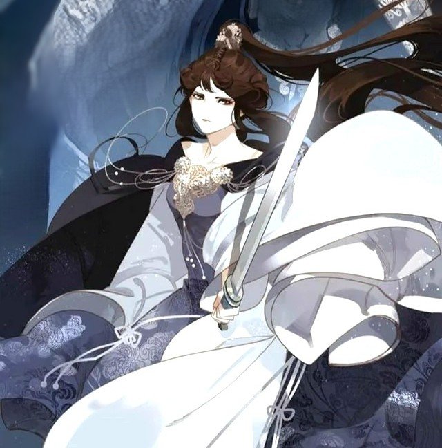 Illustration de conclusion du webtoon The Queen of Spirits montrant Ling Zhi en tenue de guerrière noble, brandissant une épée. Son regard est déterminé et ses vêtements blancs et violets volent au vent sur un fond bleu sombre et majestueux.