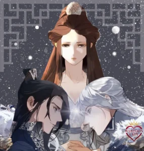 Illustration verticale de style manhua pour le webtoon "The Queen of Spirits". En haut, le visage mélancolique d'une jeune femme aux longs cheveux rouges flamboyants. Au centre, deux guerriers s'affrontent à l'épée dans un paysage enneigé sous des arbres givrés.