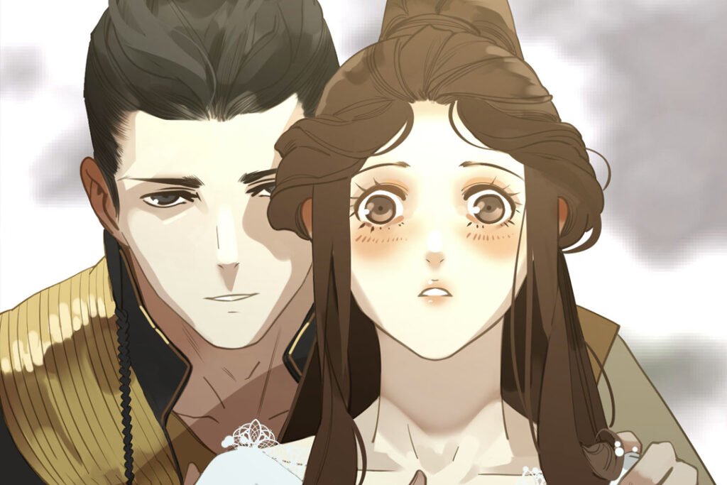 Gros plan sur Ling Zhi aux yeux écarquillés et Xuanjue Mu se tenant juste derrière elle dans le webtoon The Queen of Spirits. Le style de dessin montre des traits fins, une lumière douce et une expression de surprise sur le visage de l'héroïne.