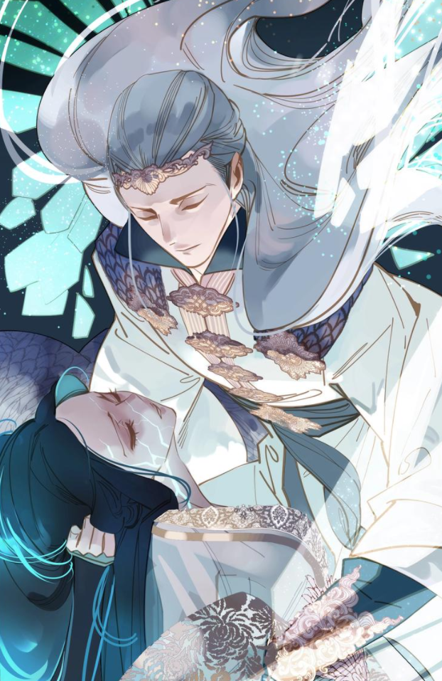 Illustration mélancolique du webtoon The Queen of Spirits montrant Bing Jian aux cheveux argentés soutenant Ling Zhi, qui semble inanimée ou en pleurs. Le style artistique utilise des effets de lumière scintillante et des tons bleutés et blancs très doux.