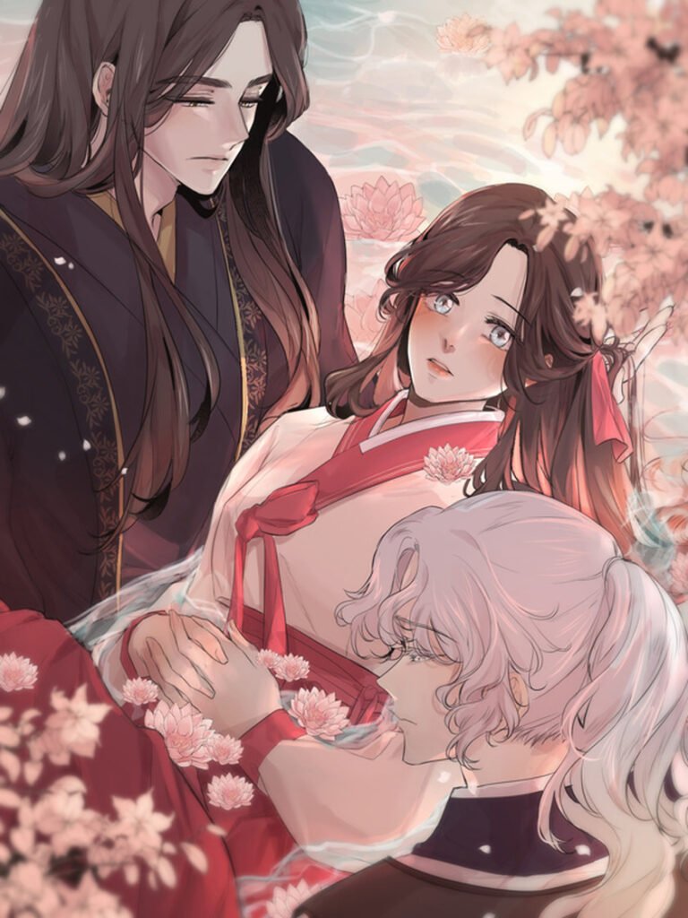Illustration artistique d'Ellin's Solhwa montrant Ellin entourée de Ki-ha et Jin parmi des nénuphars et des fleurs ambrées.